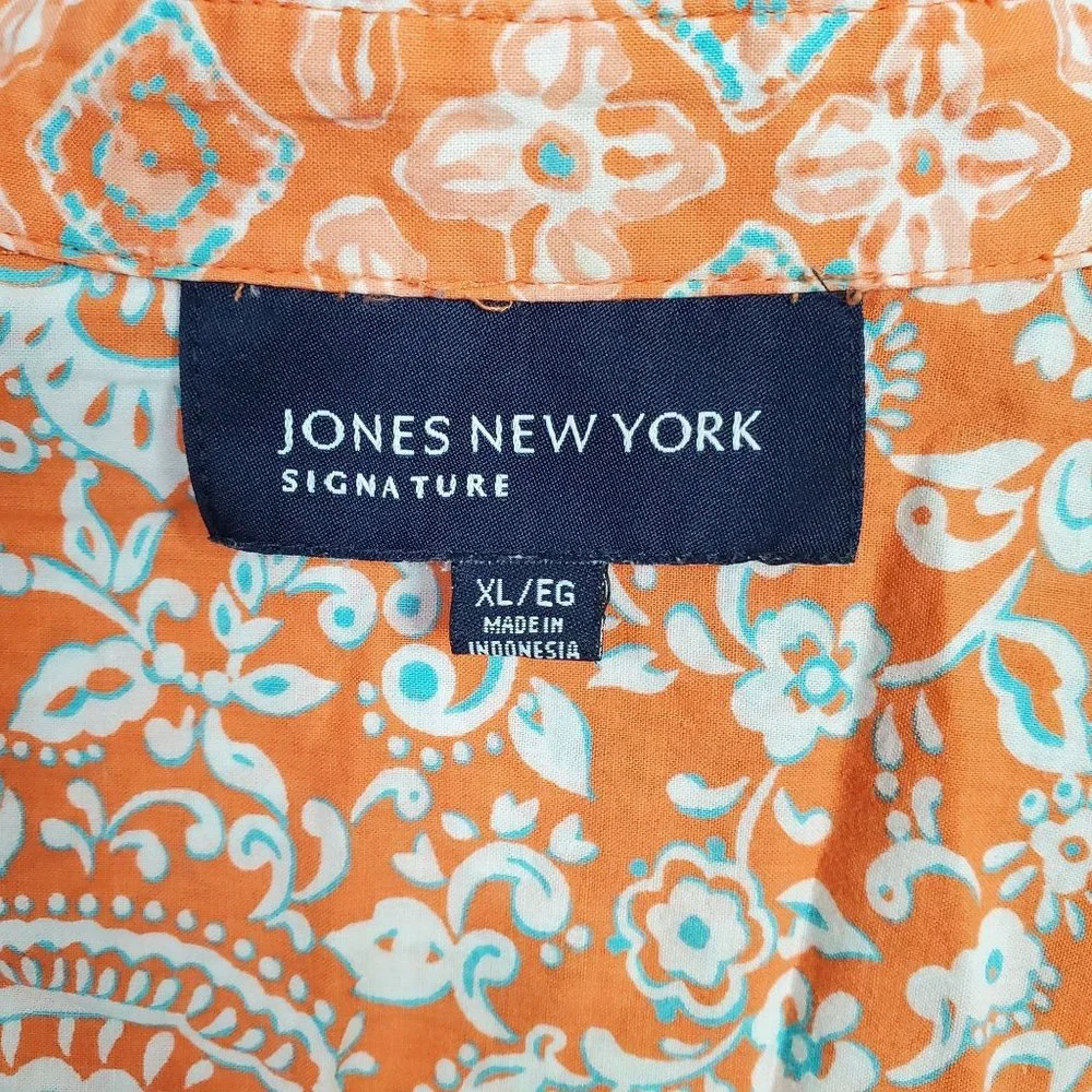JNY Signature Sz XL Blouse Button Front Floral Roll Tab Cotton Side Vents Orange - Picture 7 of 14
